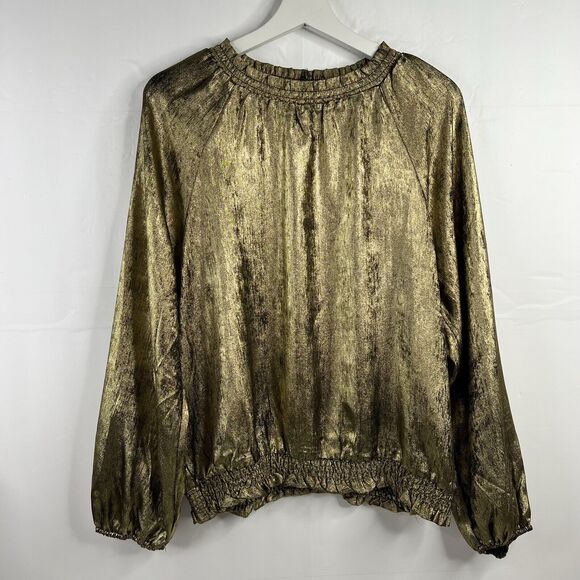 Chenault Size L Blouse Metallic Gold Smocked Waist Long Sleeves High Neck Top - Picture 2 of 9